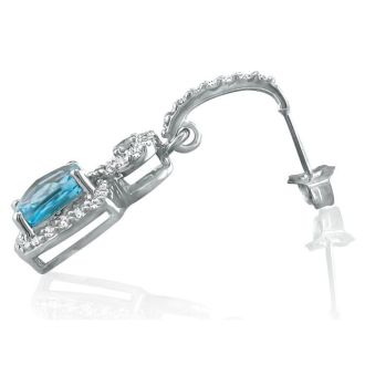 Dangling Micropave Blue Topaz and Diamond Earrings, 14K White Gold