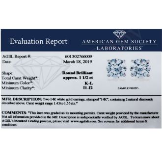 CLOSEOUT! 1 1/2 Carat Diamond Stud Earrings In 14 Karat White Gold, AGS Certified