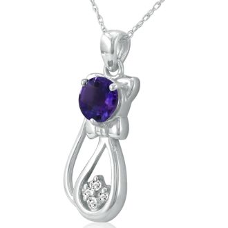 1 Carat Amethyst and Diamond Cat Necklace In 10K White Gold, 18 Inches
