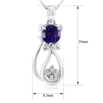 1 Carat Amethyst and Diamond Cat Necklace In 10K White Gold, 18 Inches