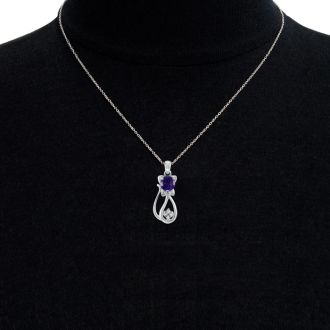 1 Carat Amethyst and Diamond Cat Necklace In 10K White Gold, 18 Inches