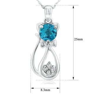 1ct Blue Topaz and Diamond Cat Pendant in 10k White Gold