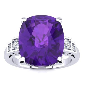 14k White Gold Cushion Cut 4ct Amethyst and Diamond Ring