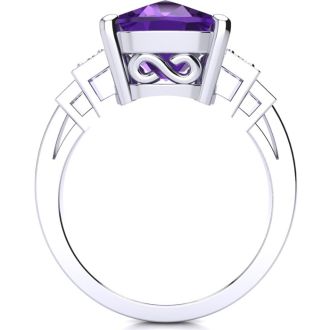 14k White Gold Cushion Cut 4ct Amethyst and Diamond Ring