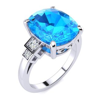 Cushion Cut 4ct Blue Topaz and Diamond Ring in 14K White Gold