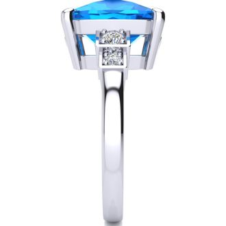Cushion Cut 4ct Blue Topaz and Diamond Ring in 14K White Gold