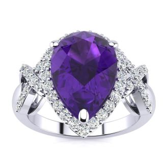3ct Amethyst and Diamond Ring With X Shank Accents, 14k White Gold