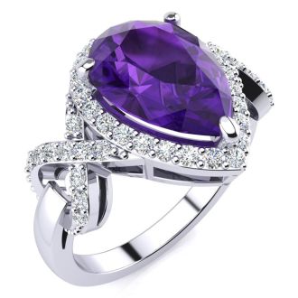 3ct Amethyst and Diamond Ring With X Shank Accents, 14k White Gold