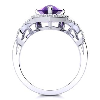 3ct Amethyst and Diamond Ring With X Shank Accents, 14k White Gold