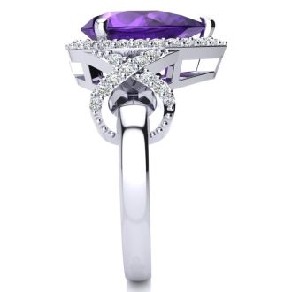 3ct Amethyst and Diamond Ring With X Shank Accents, 14k White Gold