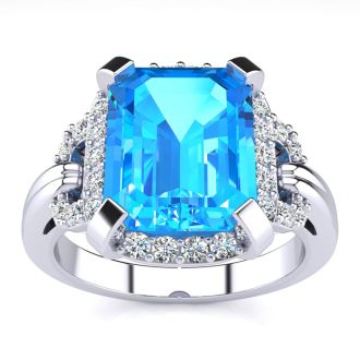 Blue Topaz Jewelry: Interlocking Bit Fluted 3ct Blue Topaz and Diamond Ring in 14k White Gold 
