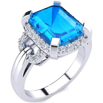 Blue Topaz Jewelry: Interlocking Bit Fluted 3ct Blue Topaz and Diamond Ring in 14k White Gold 
