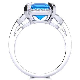 Blue Topaz Jewelry: Interlocking Bit Fluted 3ct Blue Topaz and Diamond Ring in 14k White Gold 
