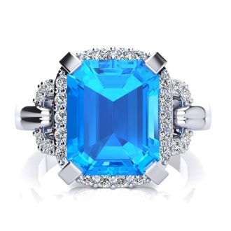 Blue Topaz Jewelry: Interlocking Bit Fluted 3ct Blue Topaz and Diamond Ring in 14k White Gold 

