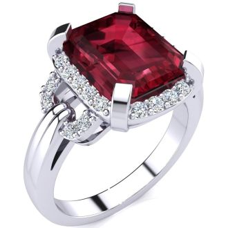 Garnet Ring: Garnet Jewelry: Interlocking Bit Fluted 3ct Garnet and Diamond Ring in 14k White Gold