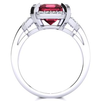 Garnet Ring: Garnet Jewelry: Interlocking Bit Fluted 3ct Garnet and Diamond Ring in 14k White Gold
