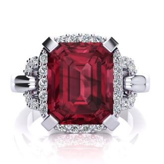 Garnet Ring: Garnet Jewelry: Interlocking Bit Fluted 3ct Garnet and Diamond Ring in 14k White Gold