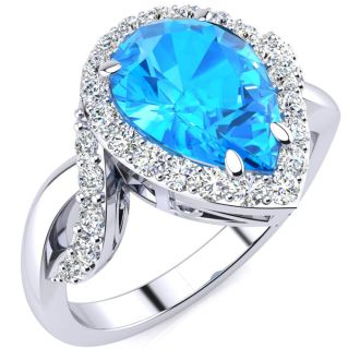2 1/2ct Pear Shape Blue Topaz and Diamond Ring in 14K White Gold