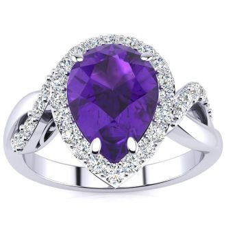 2 1/2ct Pear Shape Amethyst and Diamond Ring in 14K White Gold
