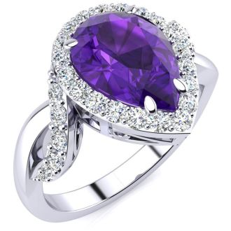 2 1/2ct Pear Shape Amethyst and Diamond Ring in 14K White Gold