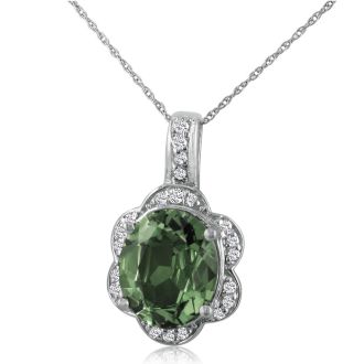 Large 4ct Oval Green Amethyst and Diamond Pendant in 14k White Gold