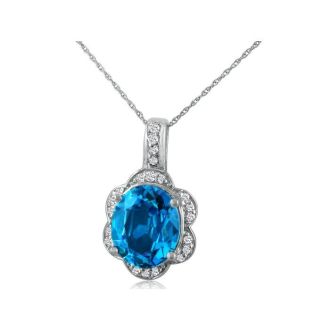 Blue Topaz Jewelry: Large 4ct Oval Blue Topaz and Diamond Pendant Set in 14k White Gold  
