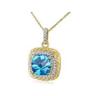 Rope Design Blue Topaz and Diamond Pendant in 14k Yellow Gold