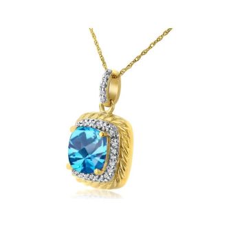 Rope Design Blue Topaz and Diamond Pendant in 14k Yellow Gold