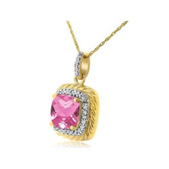 Pink Gemstones Rope Design Pink Topaz and Diamond Pendant in 14k Yellow Gold