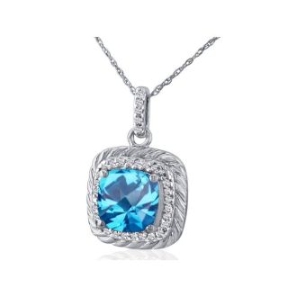 Rope Design Blue Topaz and Diamond Pendant in 14k White Gold