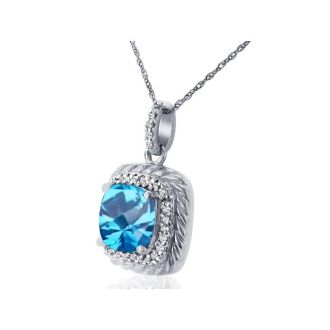 Rope Design Blue Topaz and Diamond Pendant in 14k White Gold