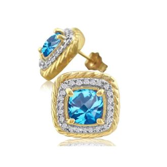  2 3/4 Carat Cushion Shape Blue Topaz and Halo Diamond Earrings In 14K Yellow Gold