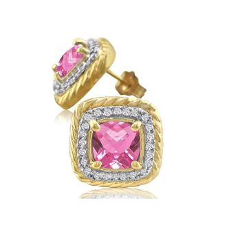  2 3/4 Carat Cushion Shape Pink Topaz and Halo Diamond Earrings In 14K Yellow Gold