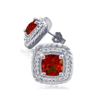  2 3/4 Carat Cushion Shape Garnet and Halo Diamond Earrings In 14K White Gold