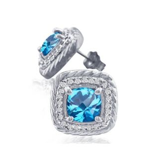  2 3/4 Carat Cushion Shape Blue Topaz and Halo Diamond Earrings In 14K White Gold
