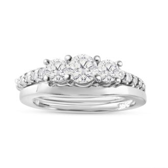 Estate Jewelry 1 Carat Three Diamond Ring Bridal Set in 14k White Gold, With Shadow Band, Size 6.5