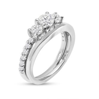 Estate Jewelry 1 Carat Three Diamond Ring Bridal Set in 14k White Gold, With Shadow Band, Size 6.5