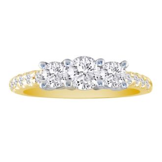 1ct Three Diamond Ring Bridal Set in 14k Yellow Gold, Diamonds on the Band