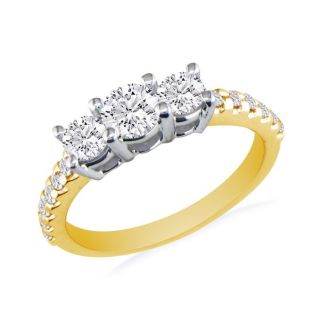 1ct Three Diamond Ring Bridal Set in 14k Yellow Gold, Diamonds on the Band