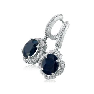 6 1/3ct Dangle Sapphire and Diamond Hoop Earrings in 14k White Gold