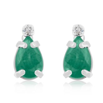 1ct Pear Emerald and Diamond Earrings in 14k White Gold