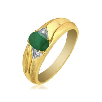 Dual Texture 10k Yellow Gold .86ct Oval Emerald and Diamond Mens Ring