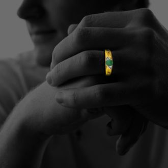 Dual Texture 10k Yellow Gold .86ct Oval Emerald and Diamond Mens Ring
