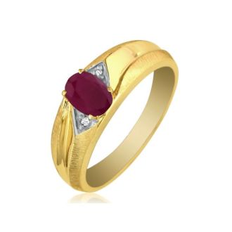 Dual Texture 10k Yellow Gold 1.07ct Oval Ruby and Diamond Mens Ring