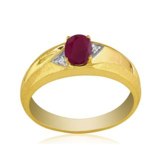 Dual Texture 10k Yellow Gold 1.07ct Oval Ruby and Diamond Mens Ring