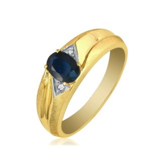 Dual Texture 10k Yellow Gold 1ct Oval Sapphire and Diamond Mens Ring