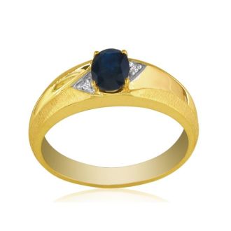 Dual Texture 10k Yellow Gold 1ct Oval Sapphire and Diamond Mens Ring