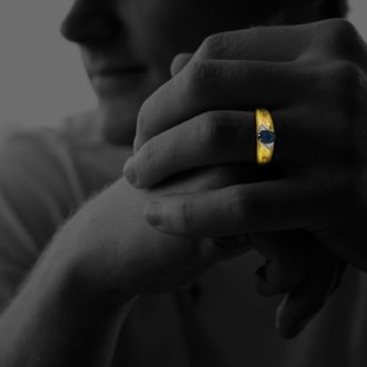 Dual Texture 10k Yellow Gold 1ct Oval Sapphire and Diamond Mens Ring