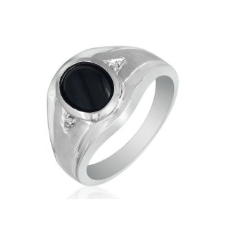 Oval Onyx and Diamond Mens Ring 10K White Gold
