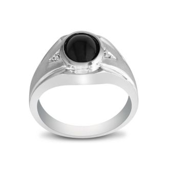Oval Onyx and Diamond Mens Ring 10K White Gold